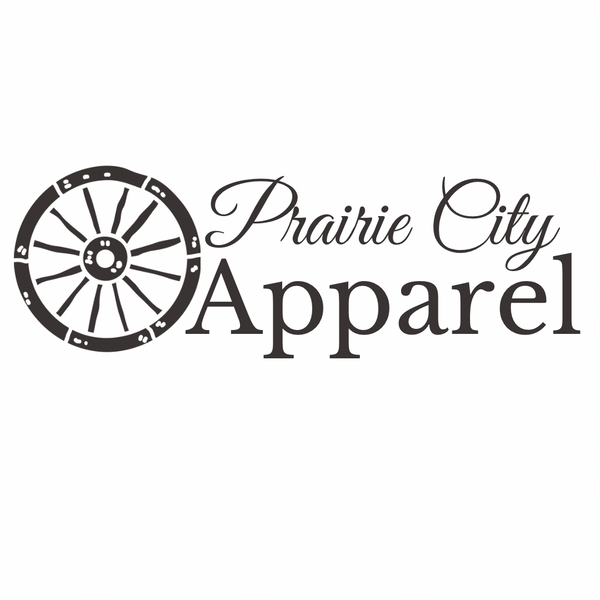 Prairie City Apparel Logo with wagon Wheel 