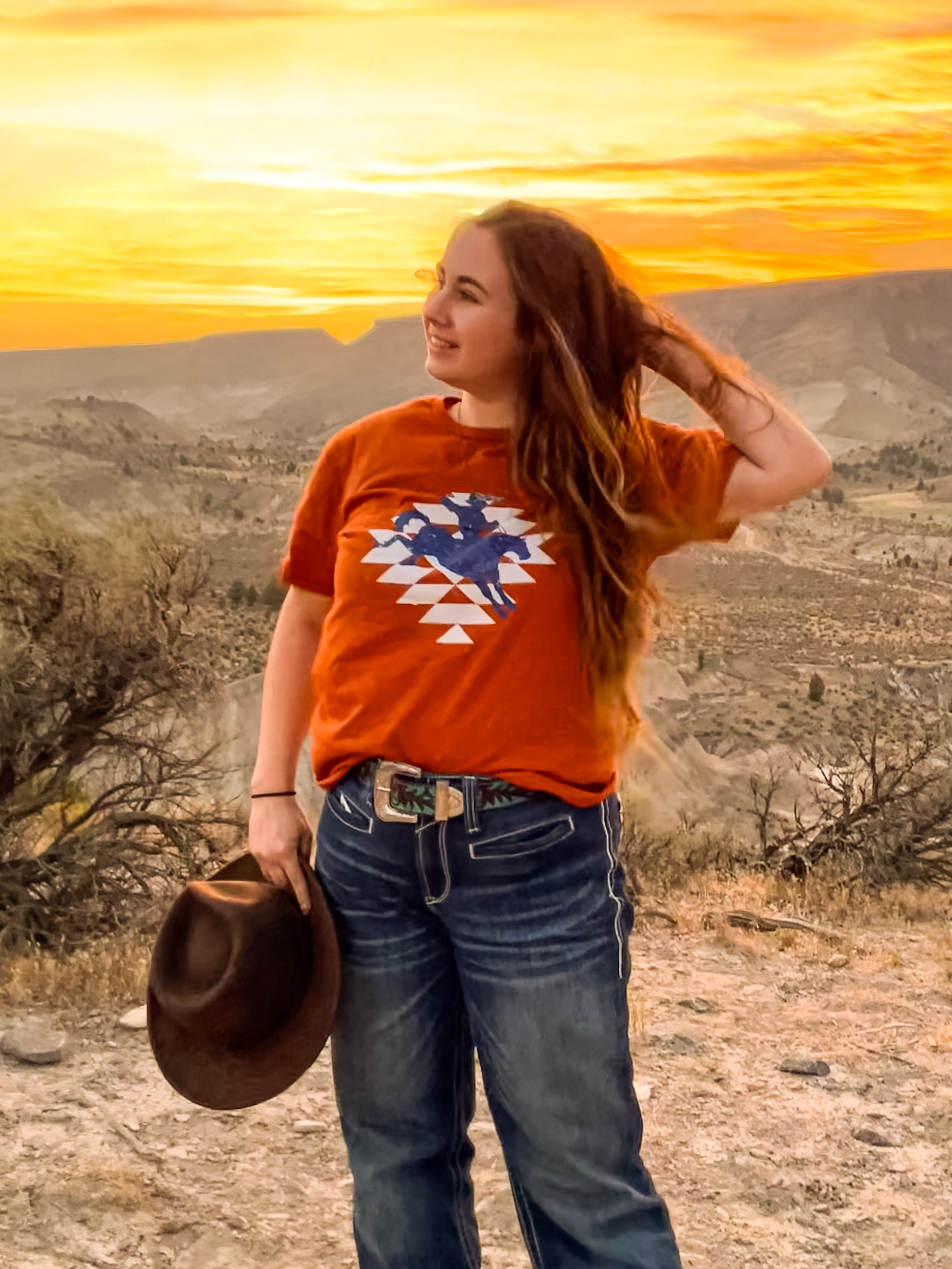 Aztec Cowboy Western Graphic Tee - Autumn Orange