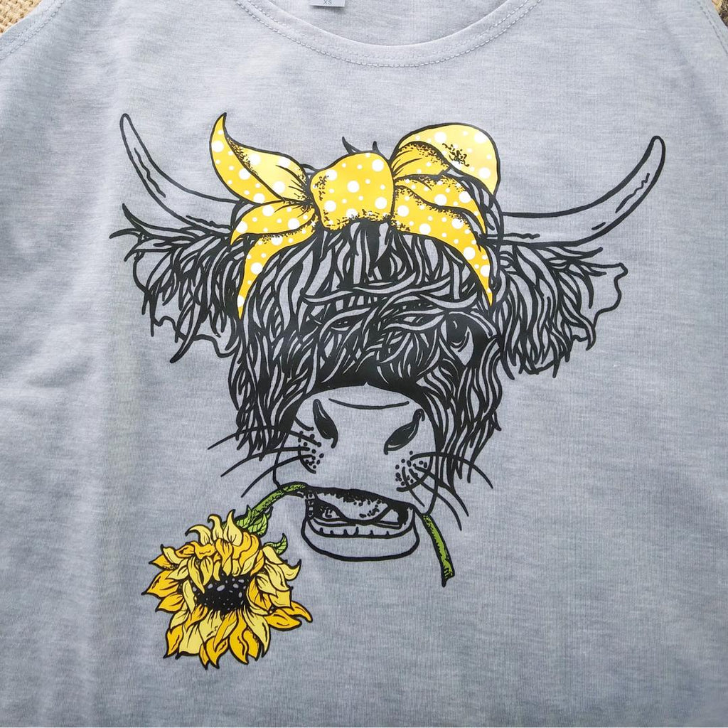 Light Grey Highland Cow With Sunflower Western Tank Top 