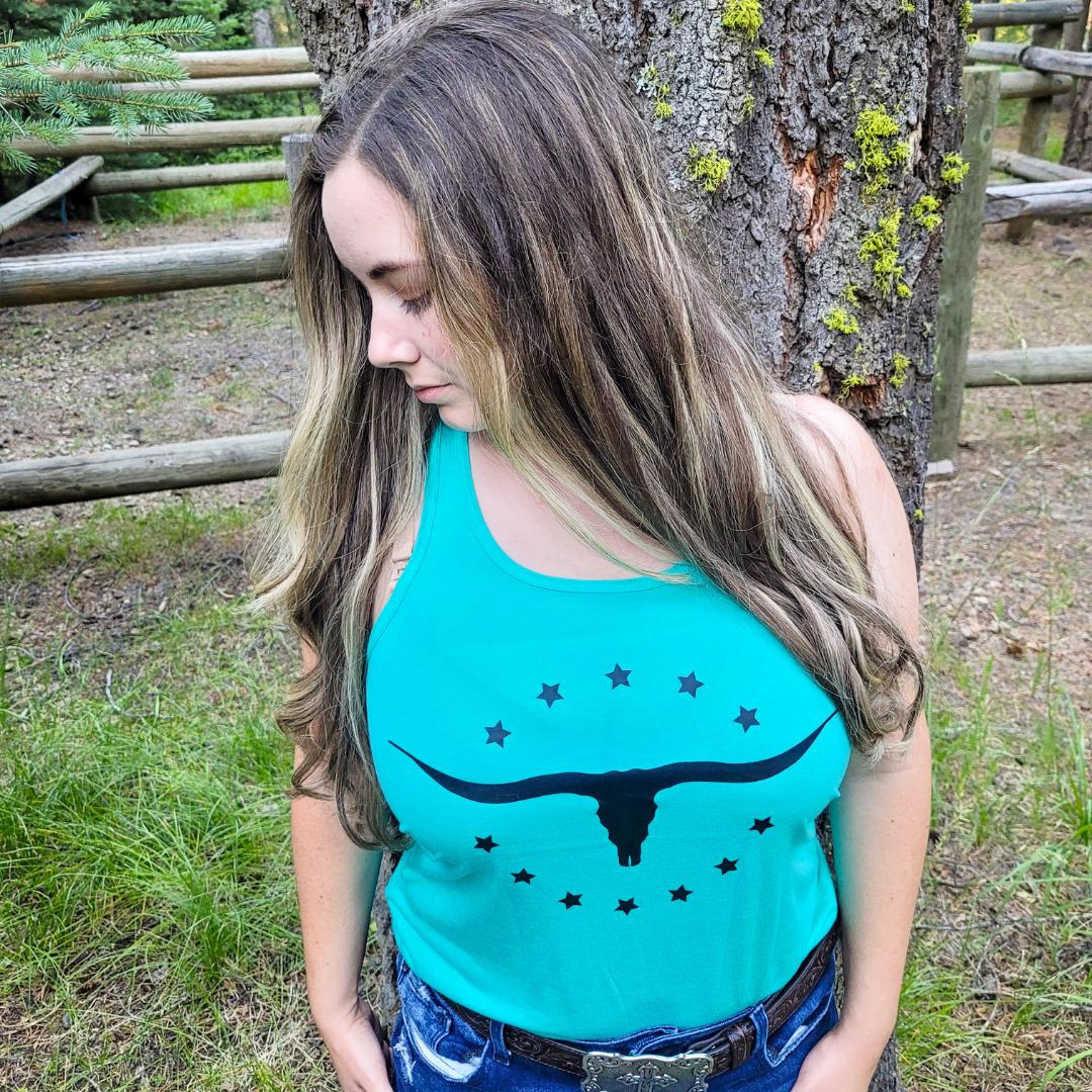 Longhorn Bull Western Turquoise Razorback Tank Top - Old - Fashioned Girls