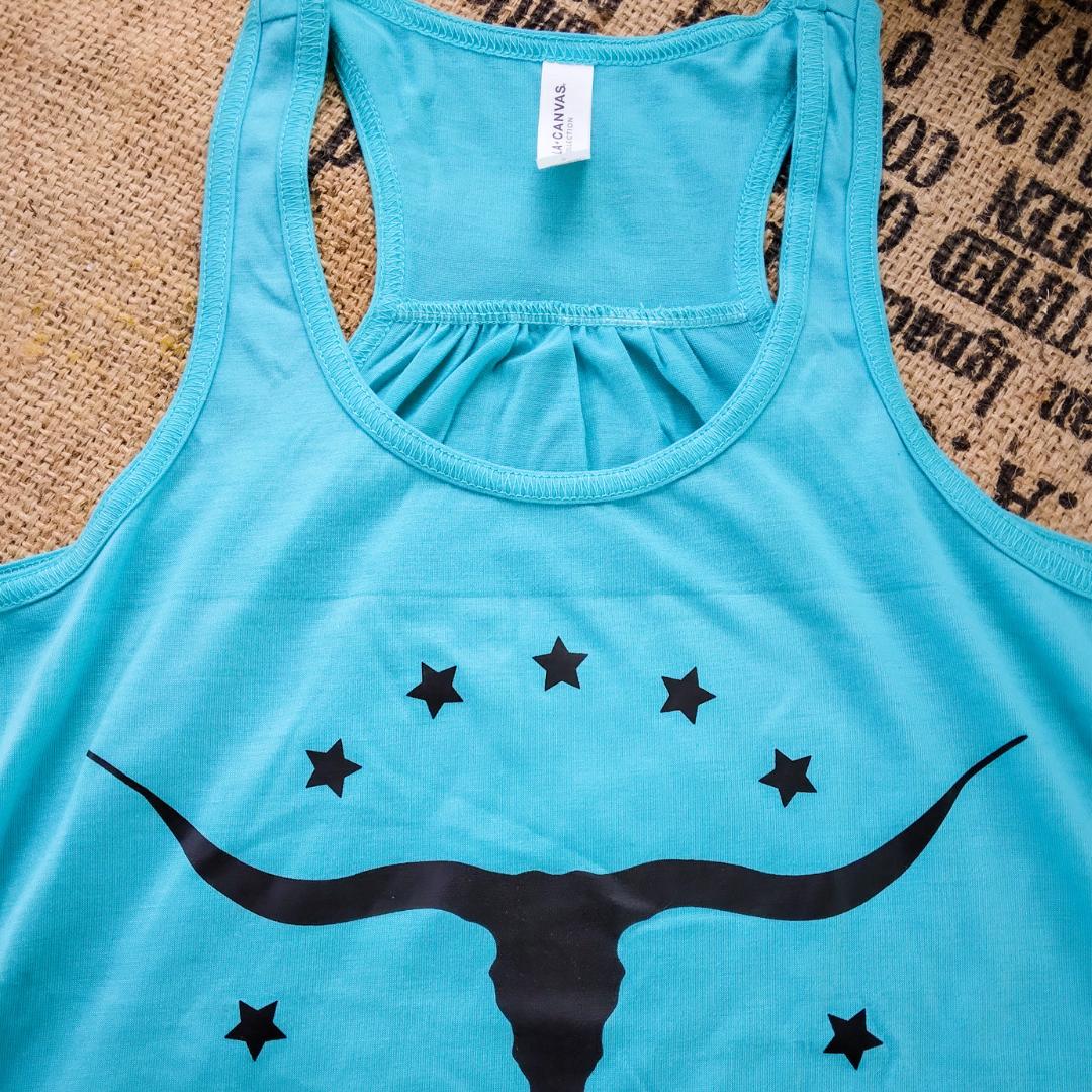 Longhorn Bull Western Turquoise Razorback Tank Top - Old - Fashioned Girls