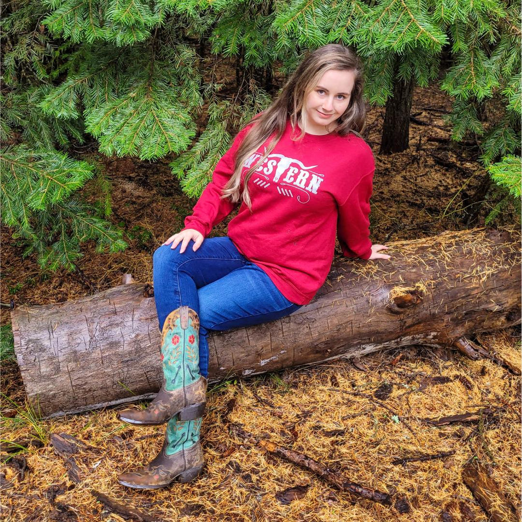 Western Longhorn Crewneck Sweatshirt - Cardinal Red