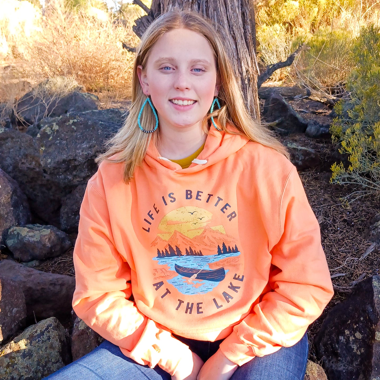 Life is Better at the Lake Hoodie – Lightweight Tangerine Orange Mountain & Lake Scene Sweatshirt for Outdoor Lovers