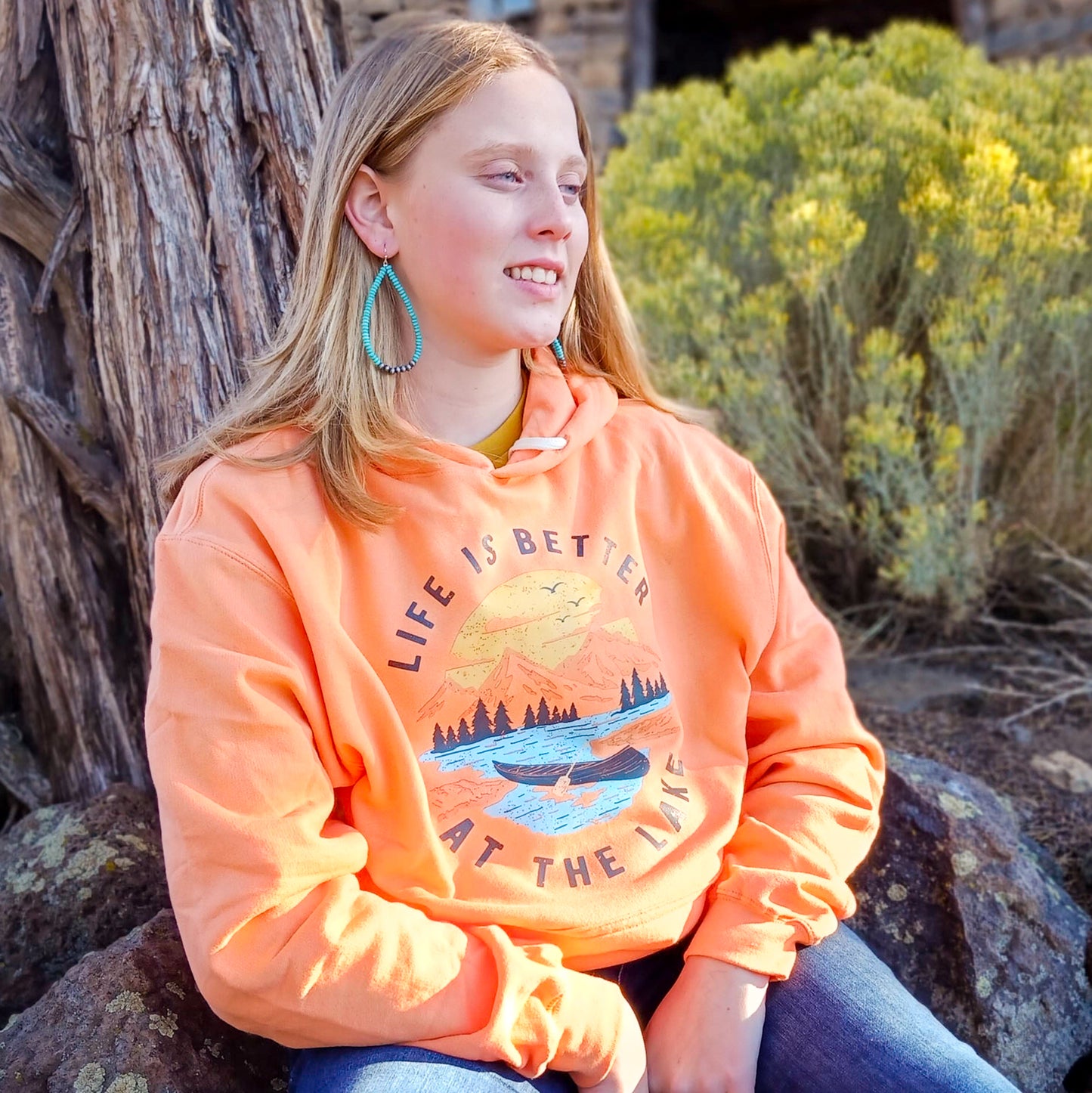 Life is Better at the Lake Hoodie – Lightweight Tangerine Orange Mountain & Lake Scene Sweatshirt for Outdoor Lovers