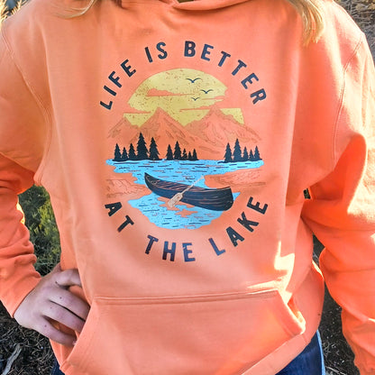 Life is Better at the Lake Hoodie – Lightweight Tangerine Orange Mountain & Lake Scene Sweatshirt for Outdoor Lovers