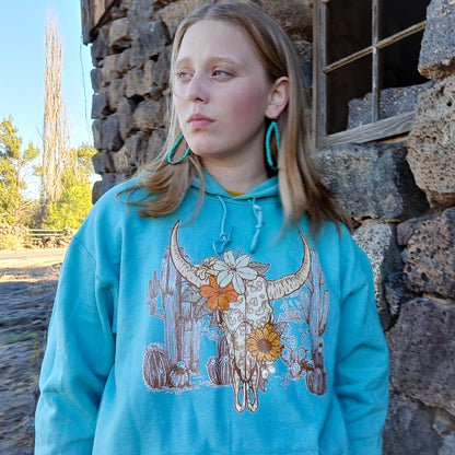 Blue Sage Longhorn Hoodie with Floral, Cactus Design | Western Sweatshirt, Western Gifts, Homesteading Hoodie, Rustic Hoodie