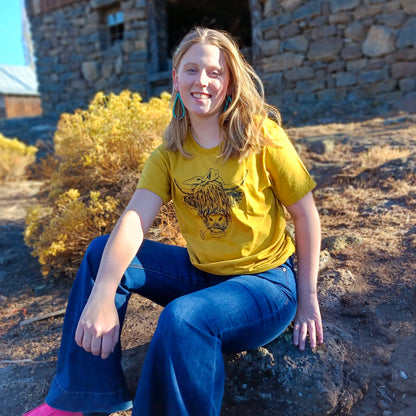 Sunshine Moo Mustard Yellow Highland Cow Western Graphic Tee - Embrace Whimsical Western Charm!